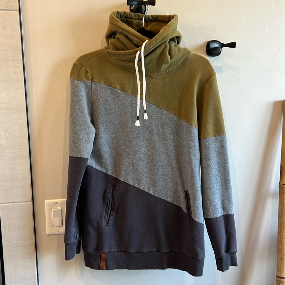 Size M olive green, light gray, and medium gray hoodie, gently used. Extra long